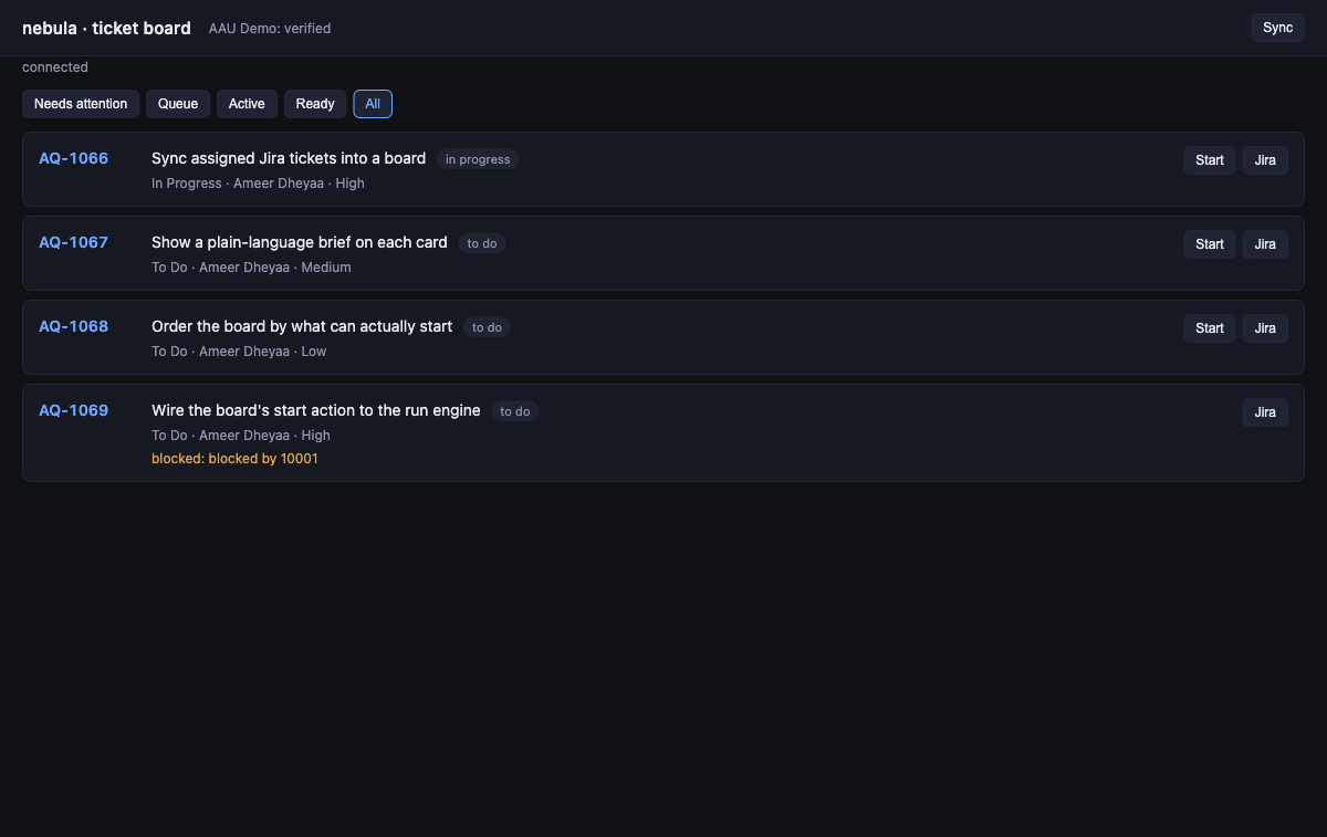 nubla x Jira ticket board with cards, filters, evidence badges and status dots