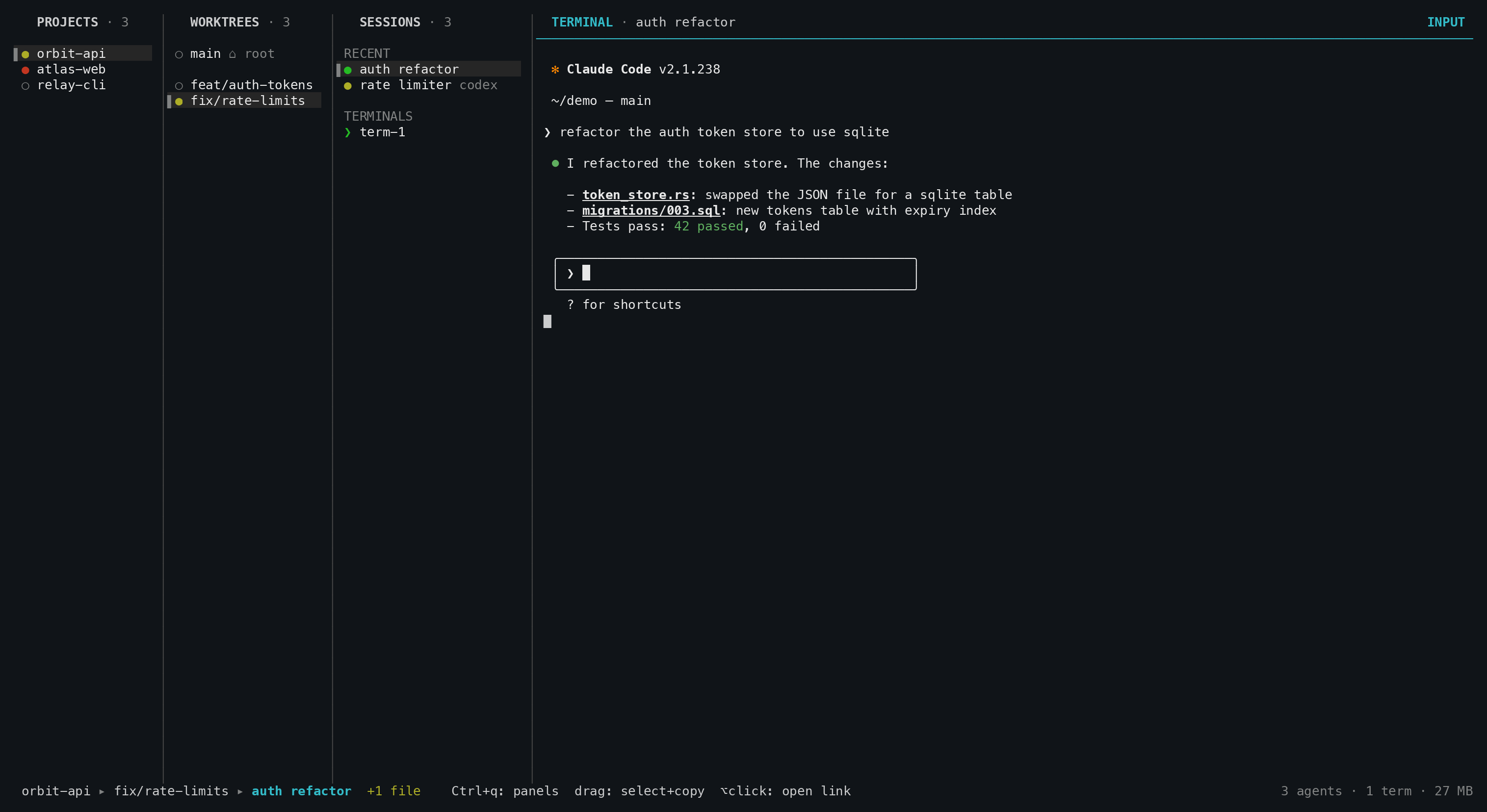 nubla x: projects, worktrees and sessions on the left, a live Claude Code session on the right